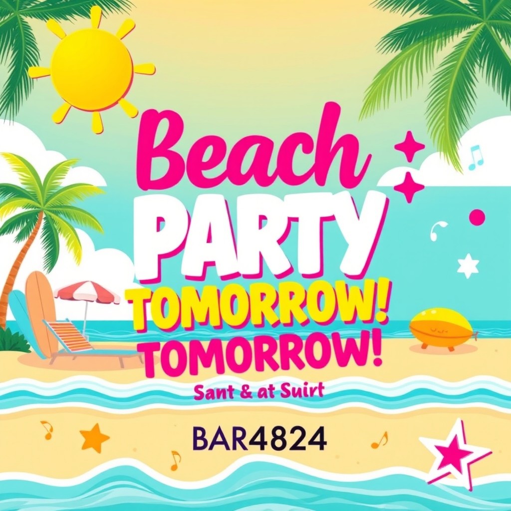A vibrant and colorful poster for a beach party happening tomorrow, Saturday, at Bar4824