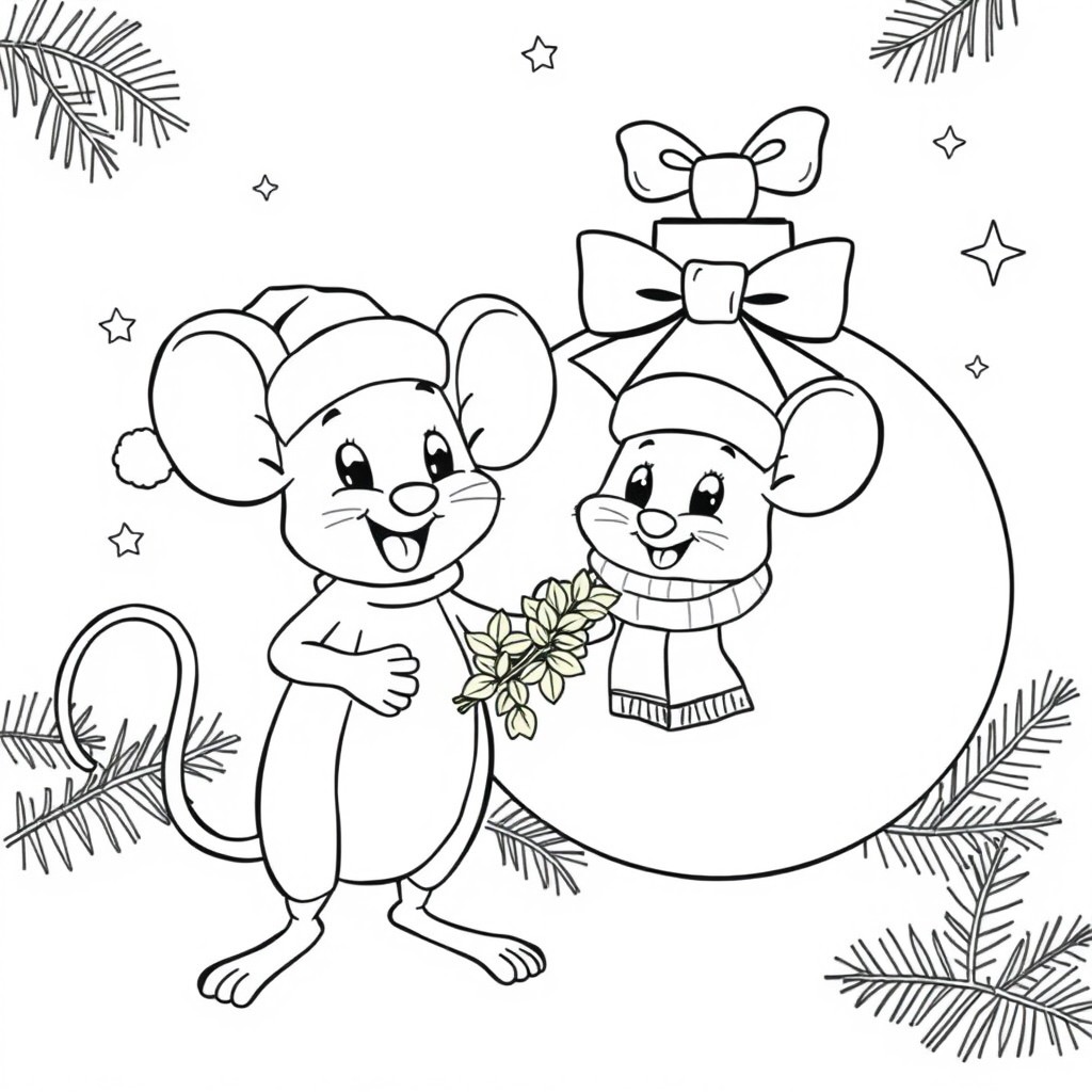 Line art illustration for a children's Christmas coloring book featuring a cute cartoon mouse in a Santa hat and scarf