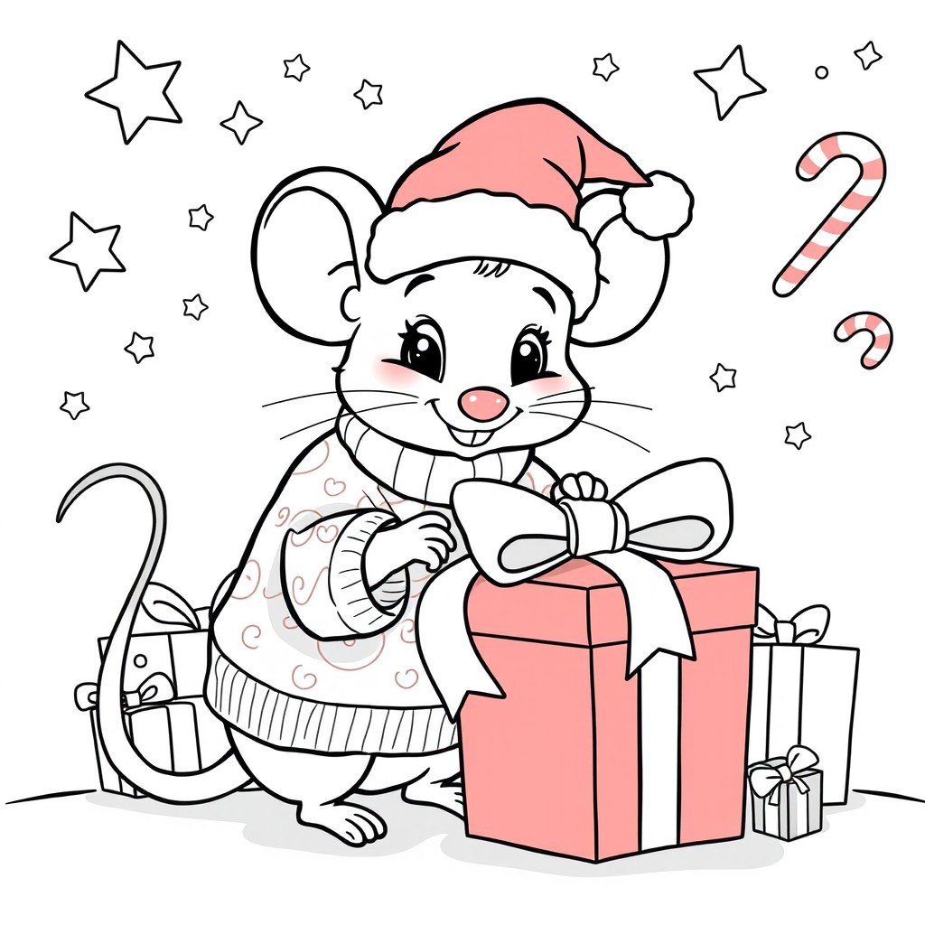A cute cartoon mouse wearing a cozy winter sweater and a Santa hat, sitting or kneeling beside a wrapped gift box