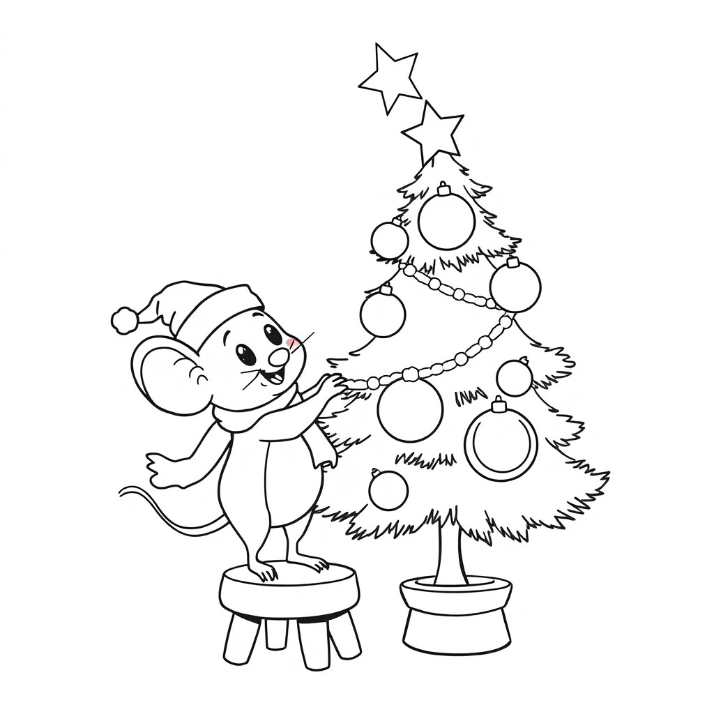 Line art illustration for a children's Christmas coloring book featuring a cute cartoon mouse standing on a small stool