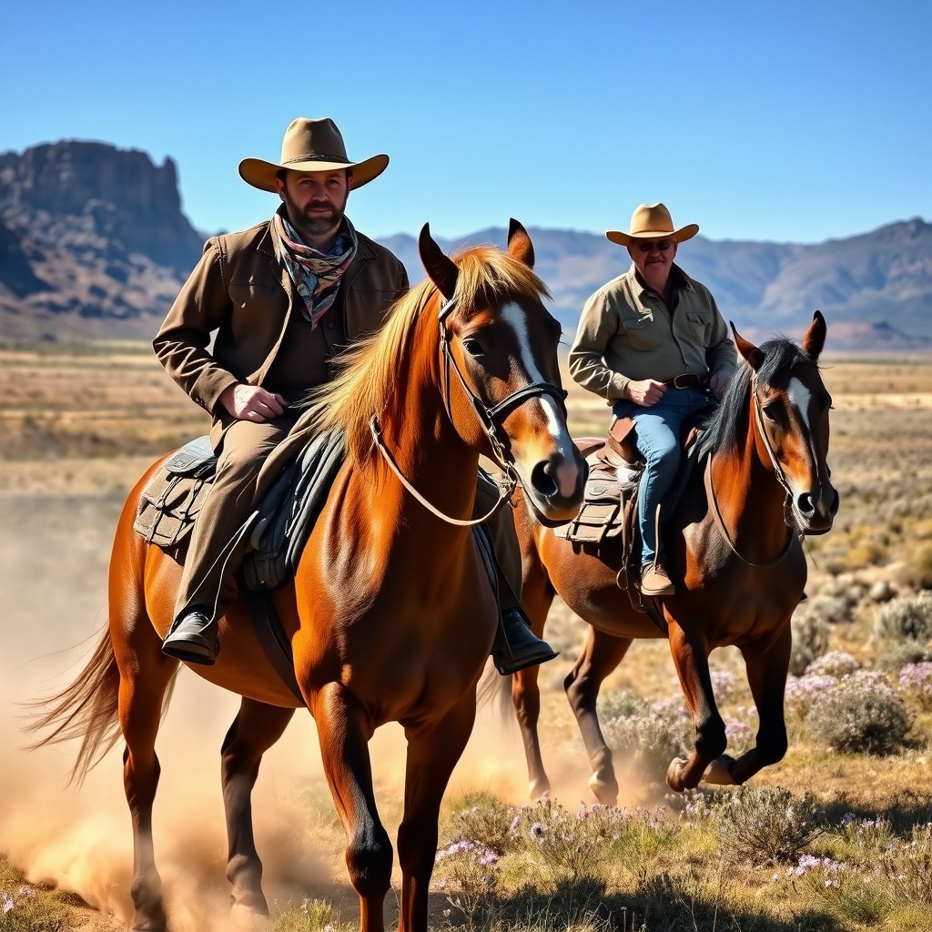 Two men riding horses through the Old West on a sunny morning, showcasing the rugged landscape with vast open plains and distant mountains