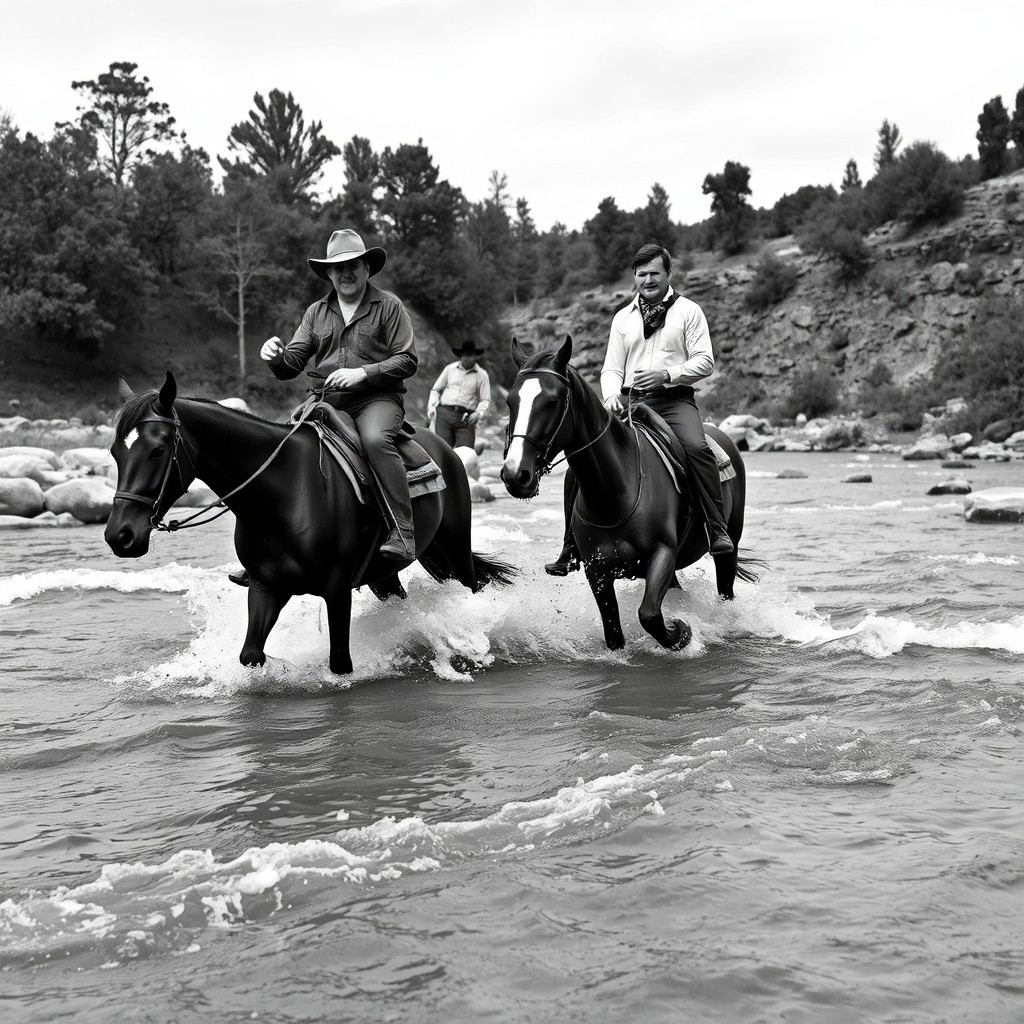 A black and white image of two men on horseback crossing a river
