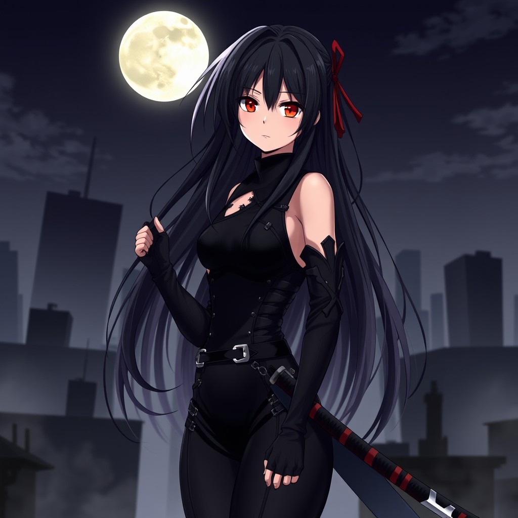 An anime assassin girl with long black hair and striking red eyes, wearing a sleek dark outfit that blends into the shadows