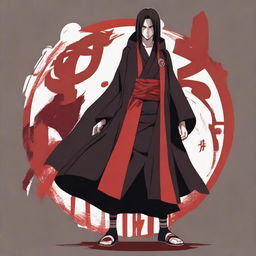 Itachi Uchiha standing solemnly, wearing his Akatsuki robe. The name 'Itachi' is presented next to him in a stylish and edgy typeface, emphasizing the character's unique identity.