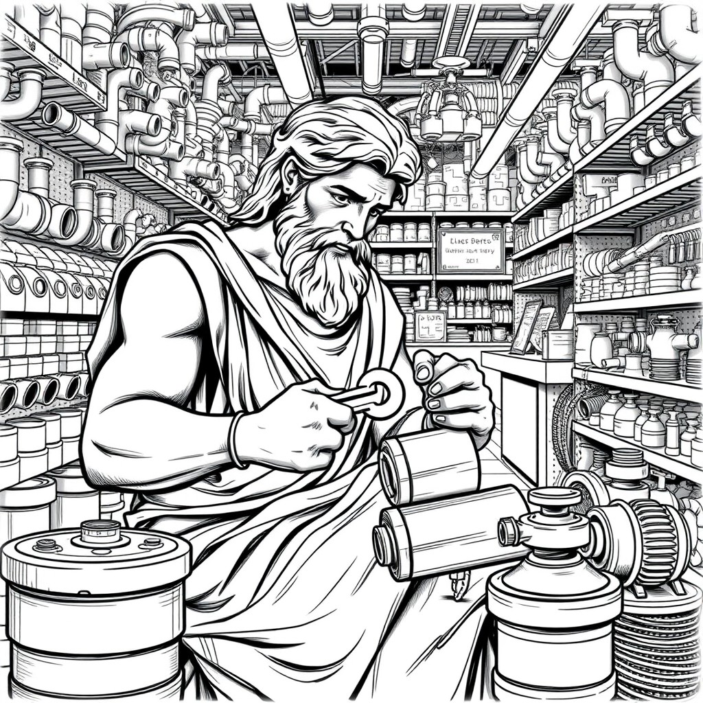 A black and white detailed sketch of Hephaestus, the Greek god of craftsmanship, sitting in a plumbing store, intently working on assembling a classic battery instead of wings
