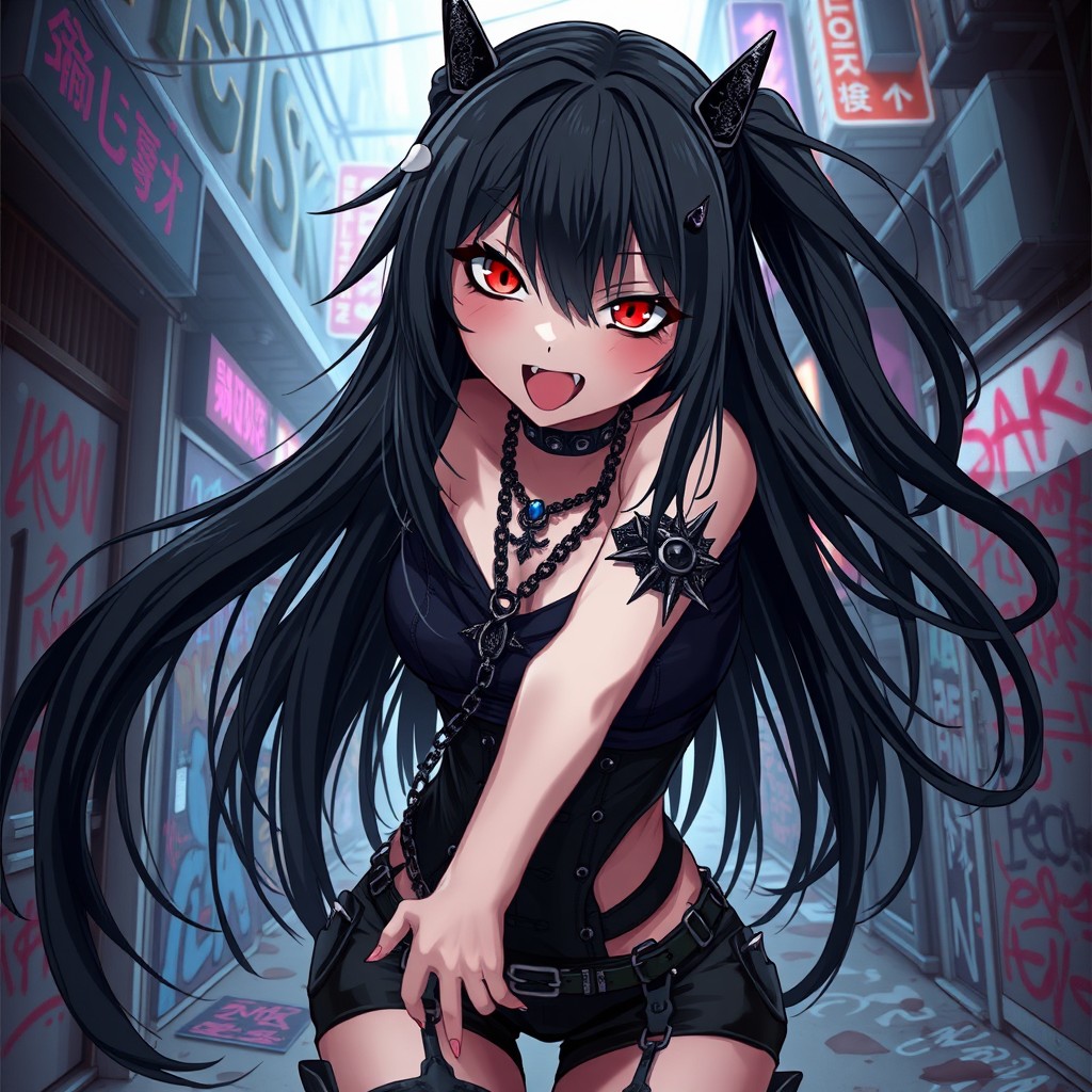 A stunning anime-style illustration of a psychotic girl with long flowing black hair and striking red eyes