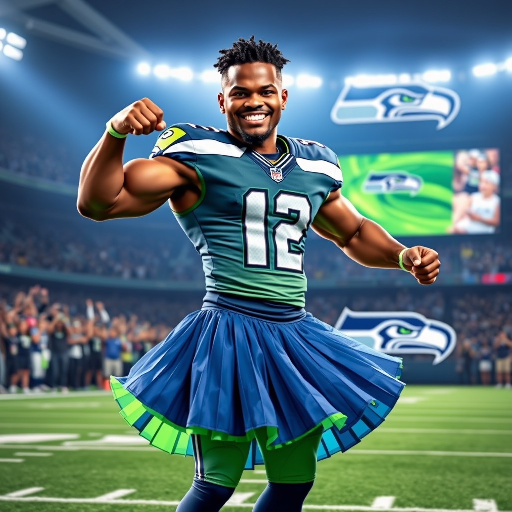 A playful interpretation of Micah Parsons, the NFL player, wearing a vibrant Seattle Seahawks cheerleader skirt while striking a confident pose on a football field