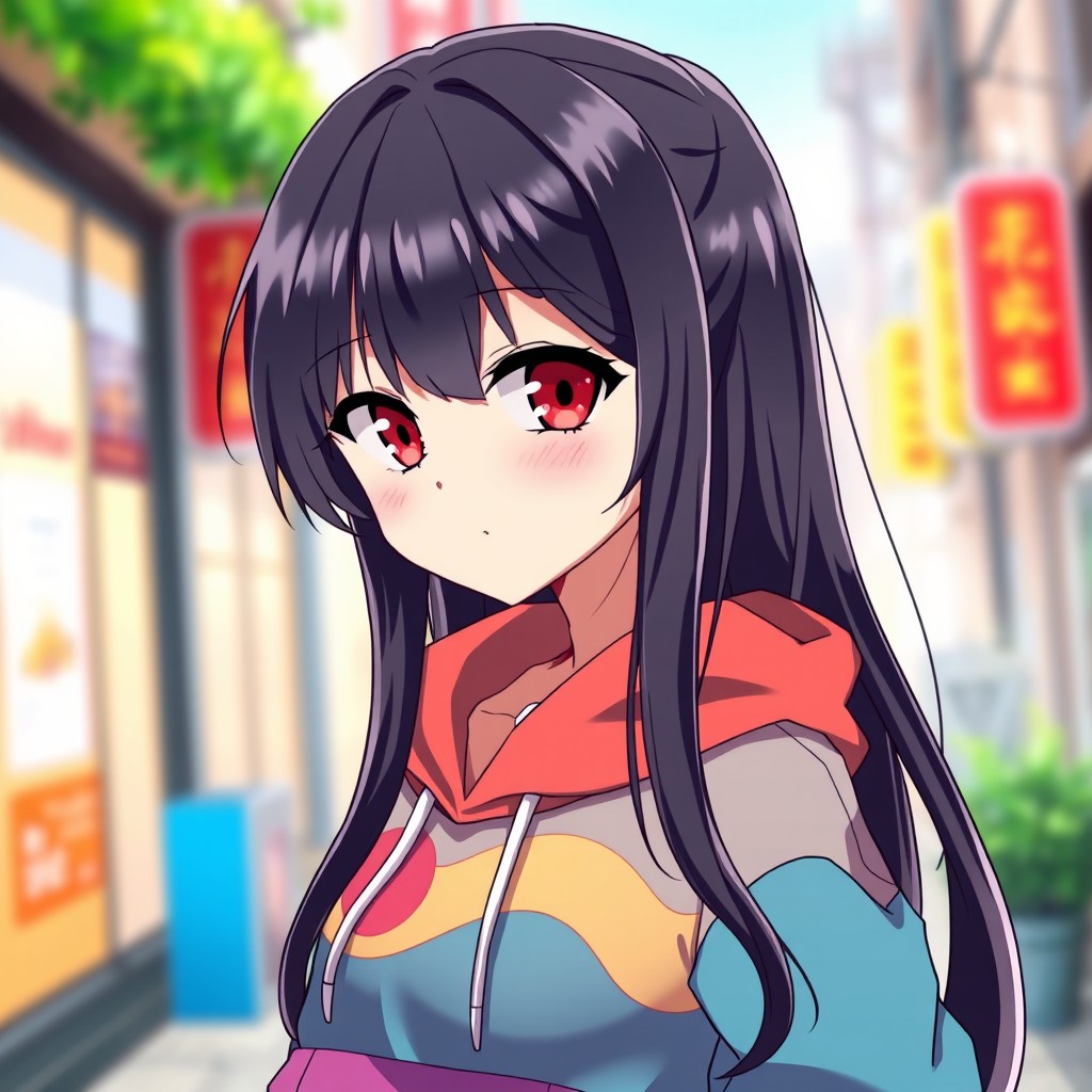 An anime girl wearing a stylish hoodie, with long black hair cascading down her shoulders and striking red eyes that capture attention
