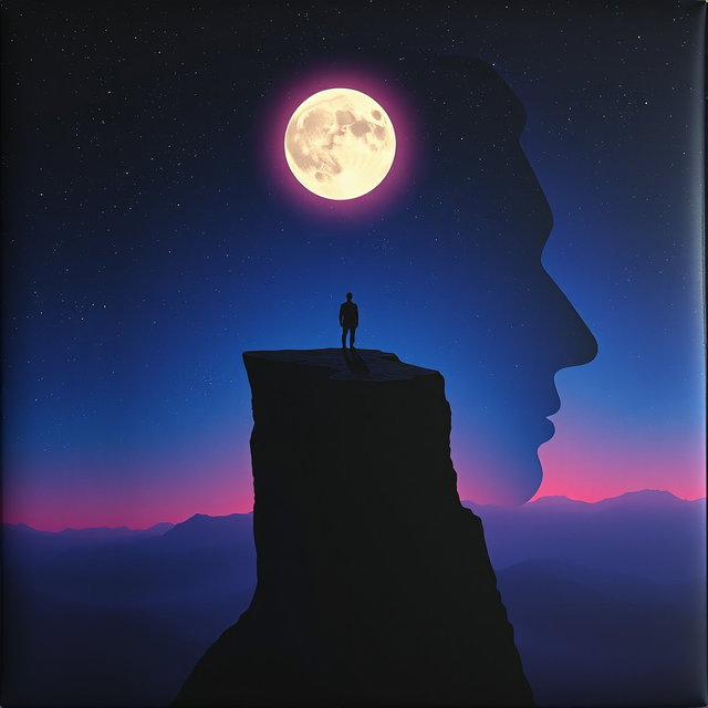 A surreal album cover featuring a side-profile face that seamlessly forms the edge of a cliff, creating a striking silhouette against a vast night sky