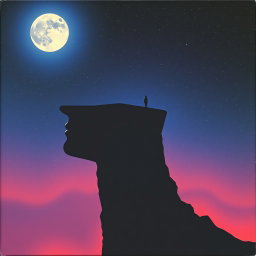 A surreal album cover featuring a side-profile face that seamlessly forms the edge of a cliff, creating a striking silhouette against a vast night sky