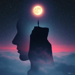 A surreal album cover featuring a side-profile face that seamlessly forms the edge of a cliff, creating a striking silhouette against a vast night sky