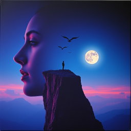 A surreal album cover depicting a side-profile face that artistically forms the edge of a cliff, enhancing the visual depth of the composition