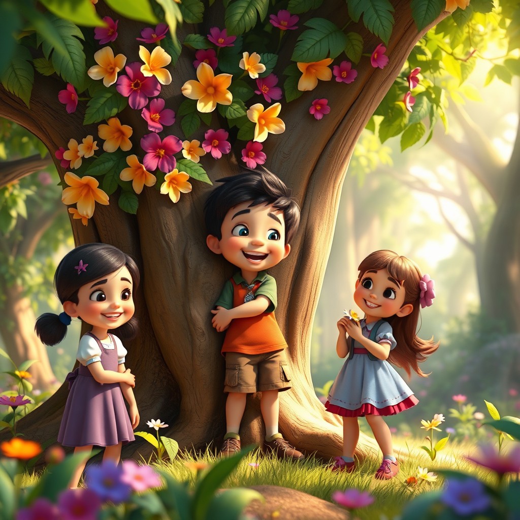 In a magical forest setting, three children are joyfully interacting with nature; a cheerful 8-year-old boy is playfully hugging a large tree adorned with vibrant flowers, while two girls are nearby, blissfully smelling the flowers
