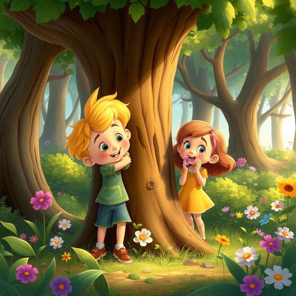 A vibrant forest scene featuring three children: an 8-year-old boy with yellow hair and two girls, playfully interacting with nature