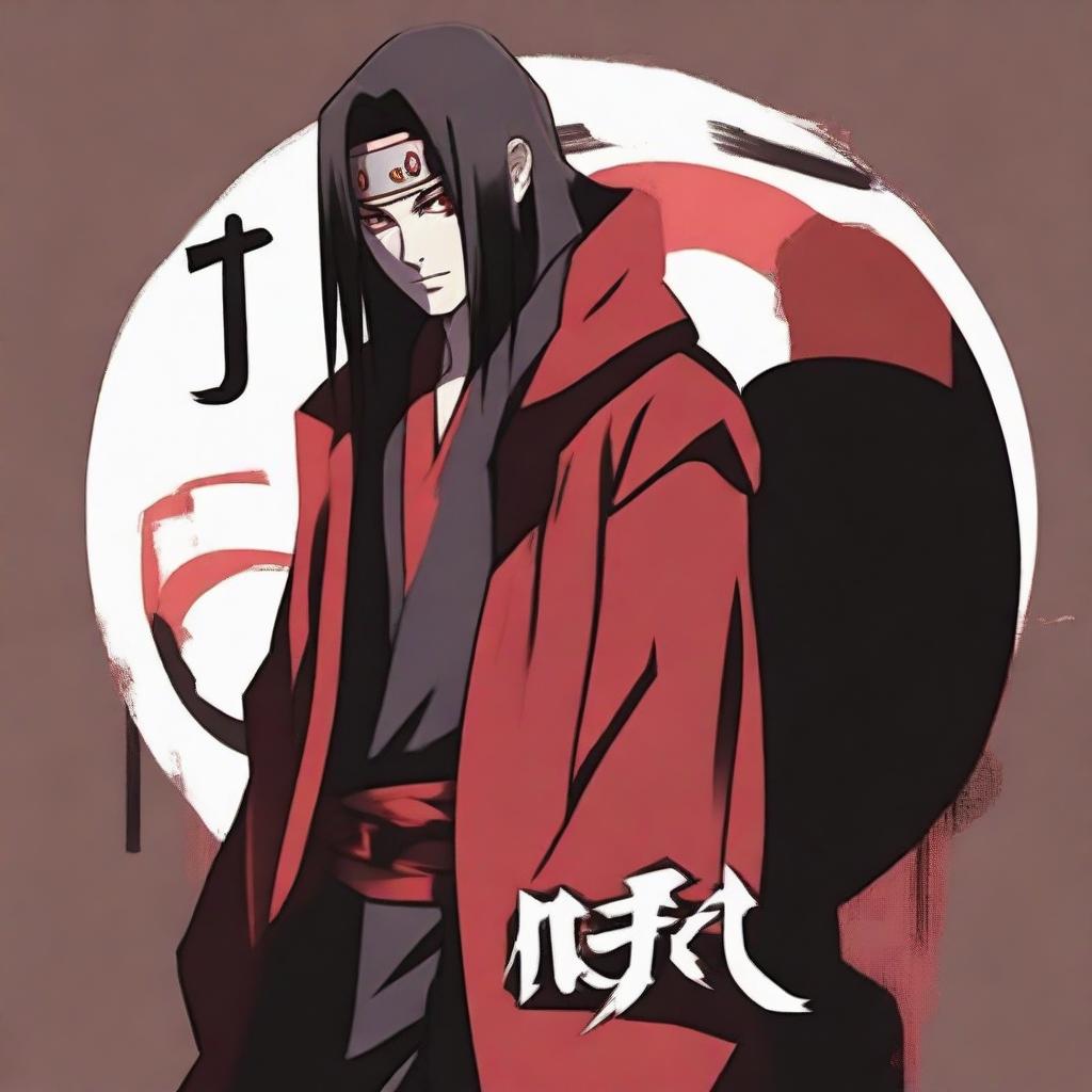 Itachi Uchiha standing solemnly, wearing his Akatsuki robe. The name 'Itachi' is presented next to him in a stylish and edgy typeface, emphasizing the character's unique identity.