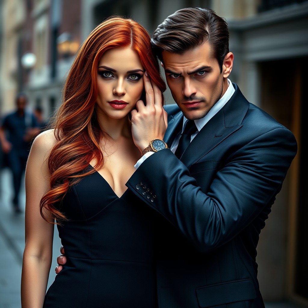 A beautiful woman with long, naturally red hair and deep brown eyes stands confidently in an elegant black dress
