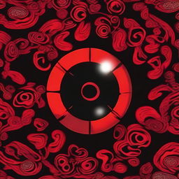 A vivid close-up image of the Sharingan, a powerful and distinctive red eye with intricate patterns, known as one of the 'Three Great Dojutsu' in the Naruto series.