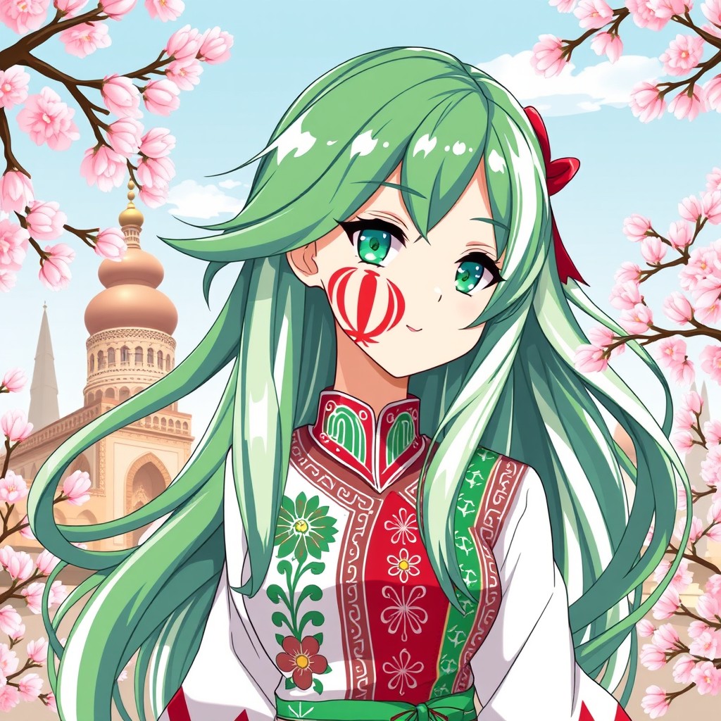 A Countryhuman character designed as an anime girl representing Iran, featuring an attractive female figure with long flowing hair styled in green, white, and red, mirroring the colors of the Iranian flag