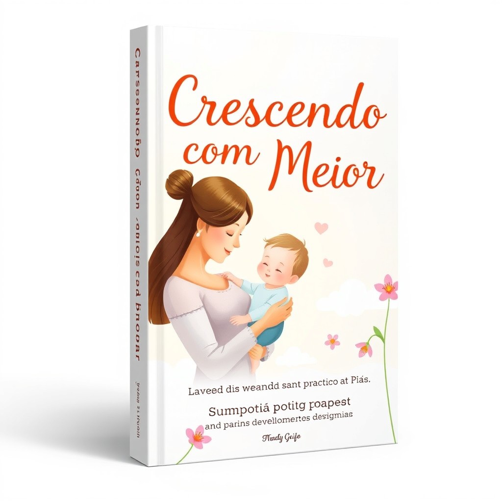 A heartwarming and practical guide cover design titled 'Crescendo com Amor - Guia Prático para Pais', featuring a beautiful illustration of a caring parent with a child, symbolizing love and guidance