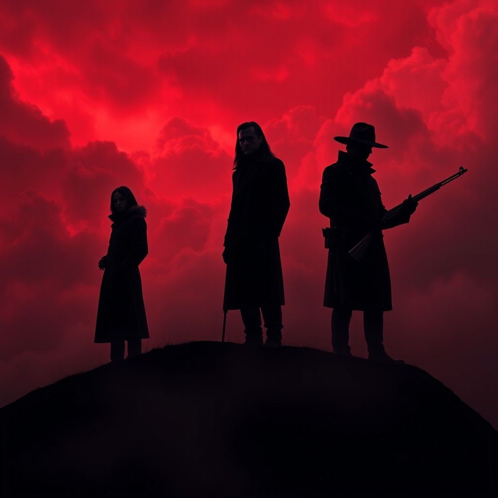 Three shadowy figures standing in heroic poses atop a sharply sloped dark hill under a blood-red sky filled with thick clouds, creating a gothic, horror-inspired, and dramatic atmosphere reminiscent of the Netflix series 'Castlevania'