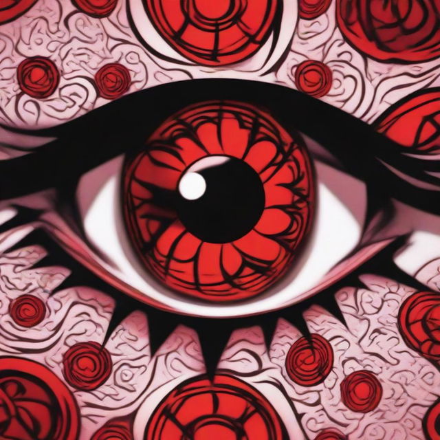 A vivid close-up image of the Sharingan, a powerful and distinctive red eye with intricate patterns, known as one of the 'Three Great Dojutsu' in the Naruto series.