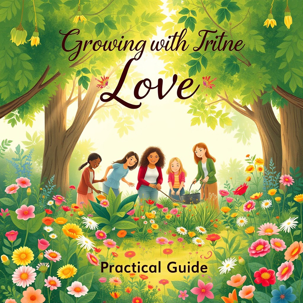 An inspiring and beautifully illustrated cover for a book titled 'Growing with Love - Practical Guide'