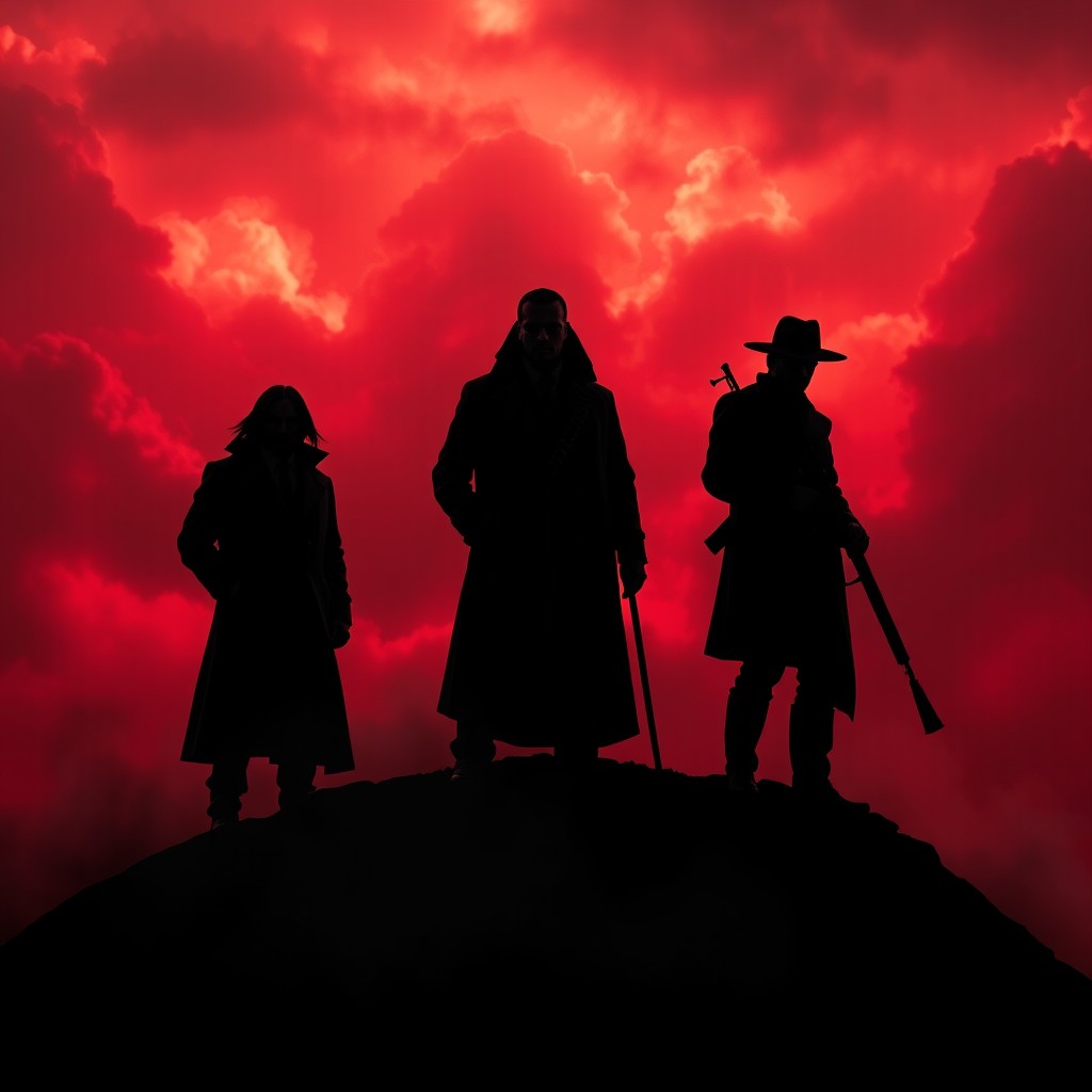 Three shadowy figures standing in heroic poses atop a sharply sloped dark hill under a blood-red sky filled with thick clouds, evoking a gothic, horror-inspired, and dramatic atmosphere similar to the Netflix series 'Castlevania'