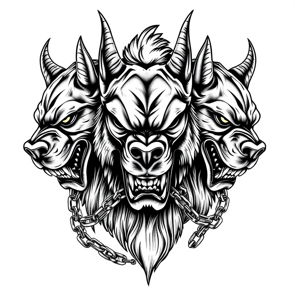A striking tattoo design of Cerberus, the three-headed dog from mythology, artistically rendered to symbolize Omerta