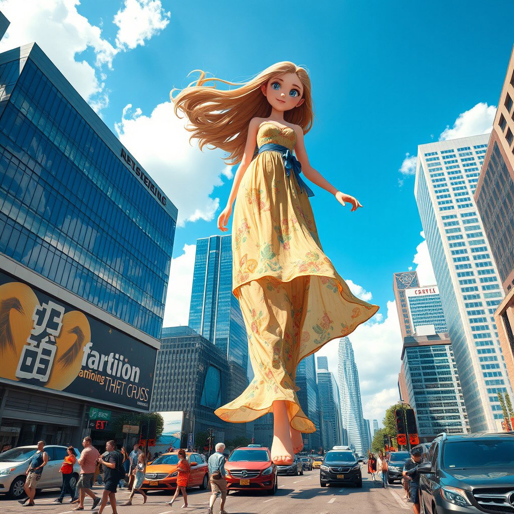 A giant girl walking through a bustling city, towering over skyscrapers and buildings