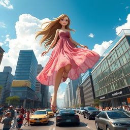 A giant girl walking through a bustling city, towering over skyscrapers and buildings