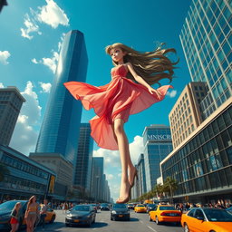A giant girl walking through a bustling city, towering over skyscrapers and buildings