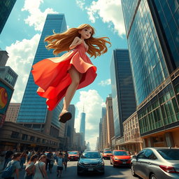 A giant girl walking through a bustling city, towering over skyscrapers and buildings