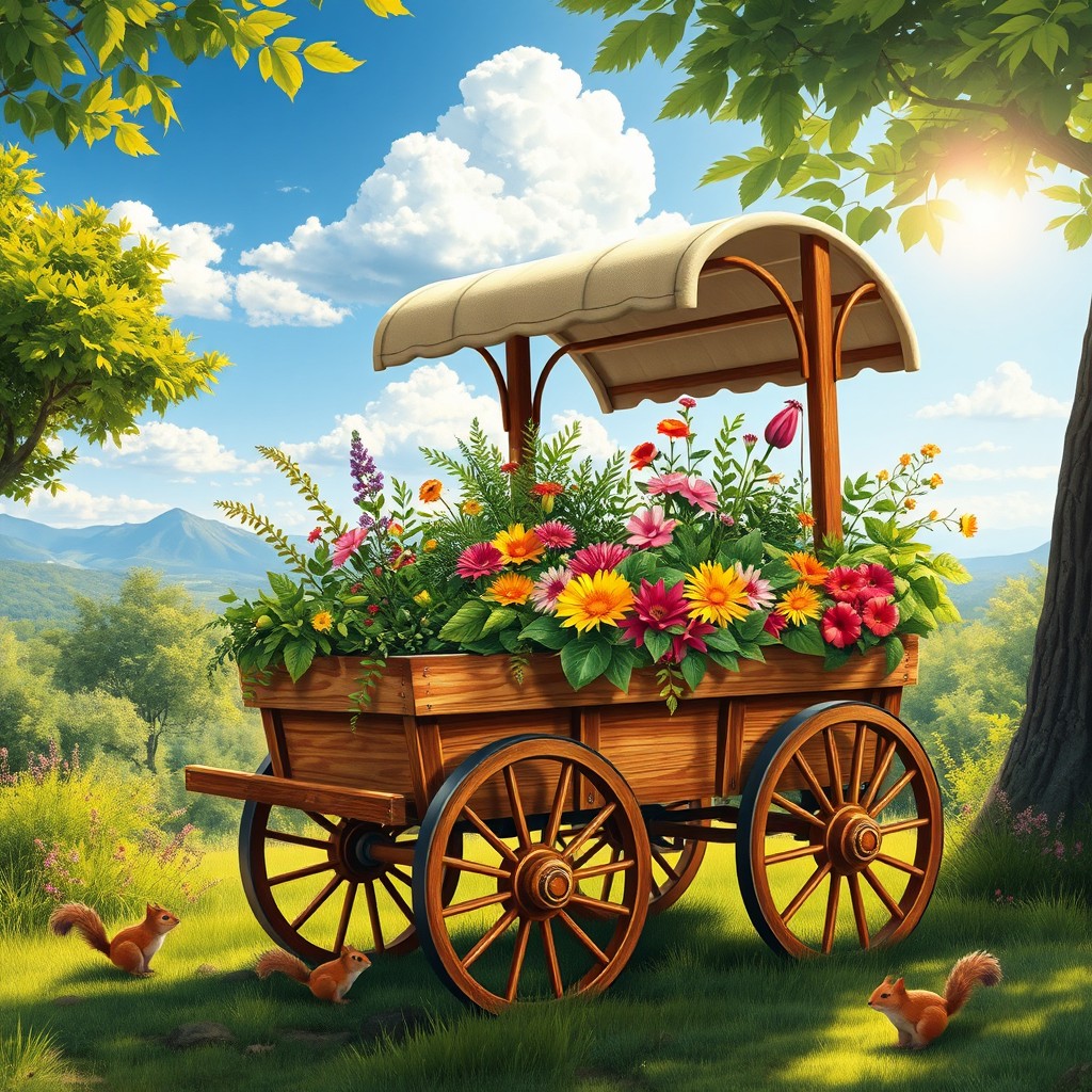 A beautifully detailed depiction of a traditional cart (carreta) in a vibrant outdoor setting