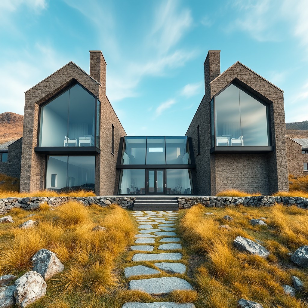 A breathtaking architectural masterpiece featuring a renovated 1800s church transformed into a modern house, showcasing minimalist glass facades that elegantly wrap around the old standing walls of the church