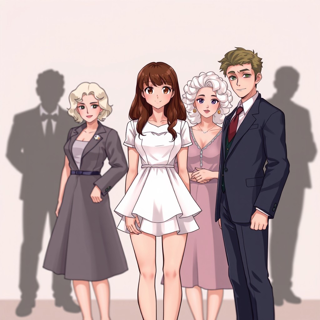 In the center stands the main female character dressed in a white short dress, with chestnut brown hair and brown eyes