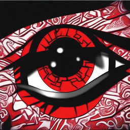 A vivid close-up image of the Sharingan, a powerful and distinctive red eye with intricate patterns, known as one of the 'Three Great Dojutsu' in the Naruto series.