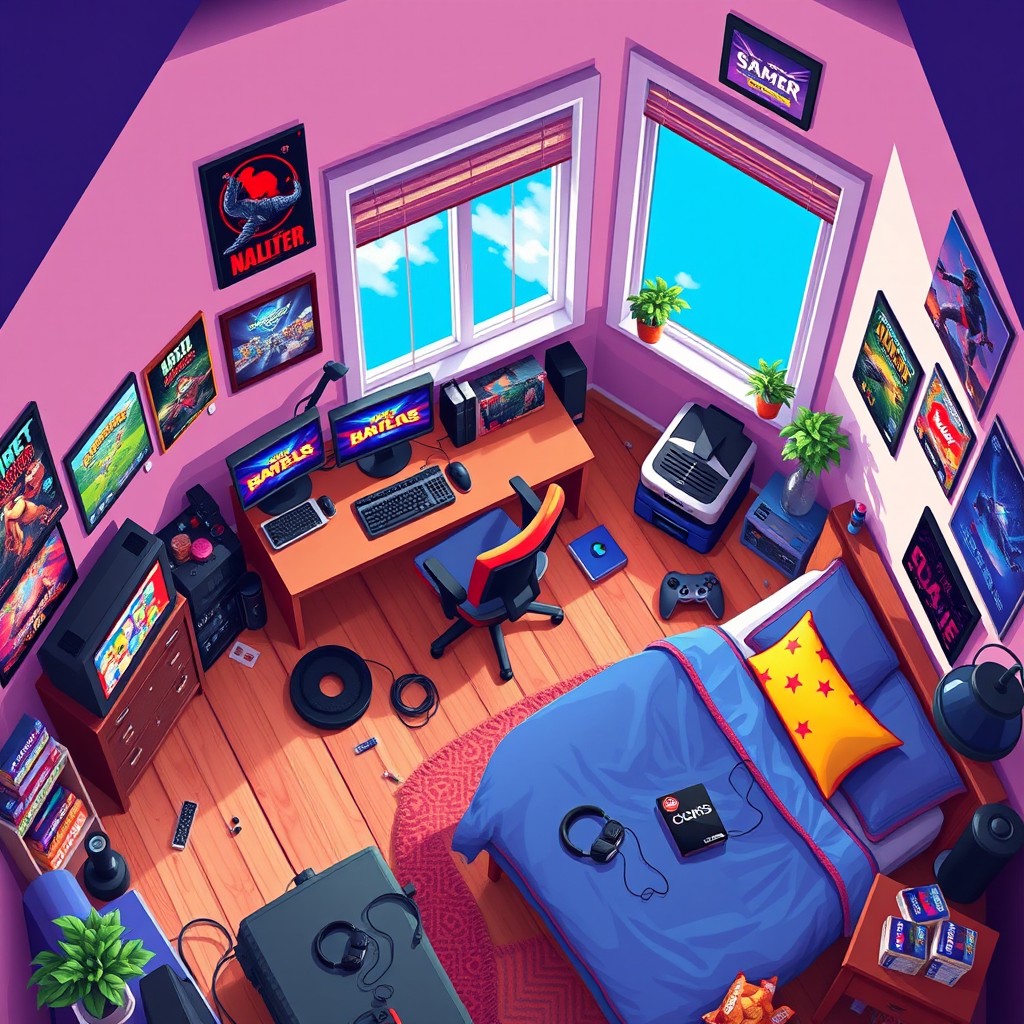 A top-down pixel art view of a teenager's gaming room, featuring vibrant colors and detailed elements