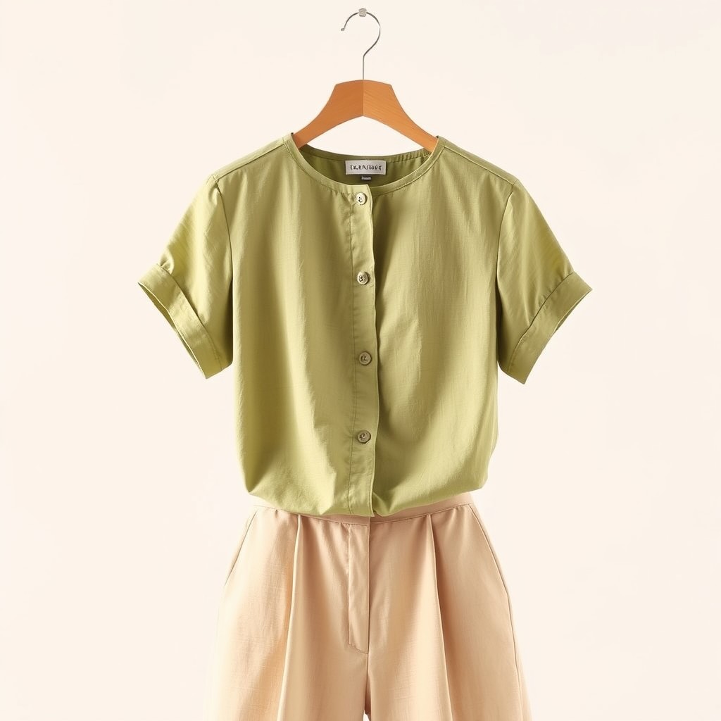 A light olive green linen blouse with short sleeves and a round neckline, paired with high-waisted light sandy beige fabric trousers