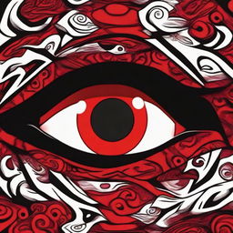 A vivid close-up image of the Sharingan, a powerful and distinctive red eye with intricate patterns, known as one of the 'Three Great Dojutsu' in the Naruto series.