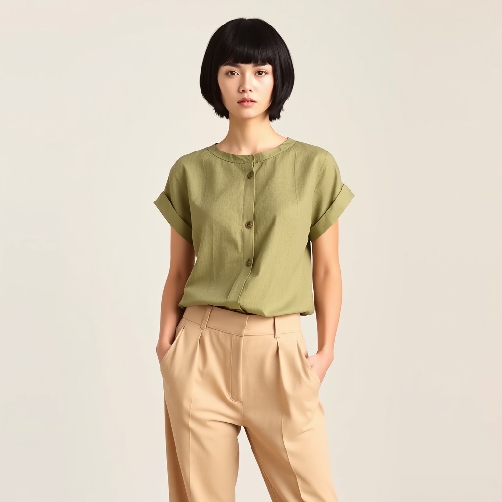 A model with short black hair, standing at 168 cm tall, showcasing a light olive green linen blouse with short sleeves and a round neckline