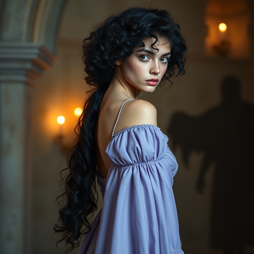 A tall, thin medieval queen, 18 years old, with slightly tanned white skin and voluminous curly black hair