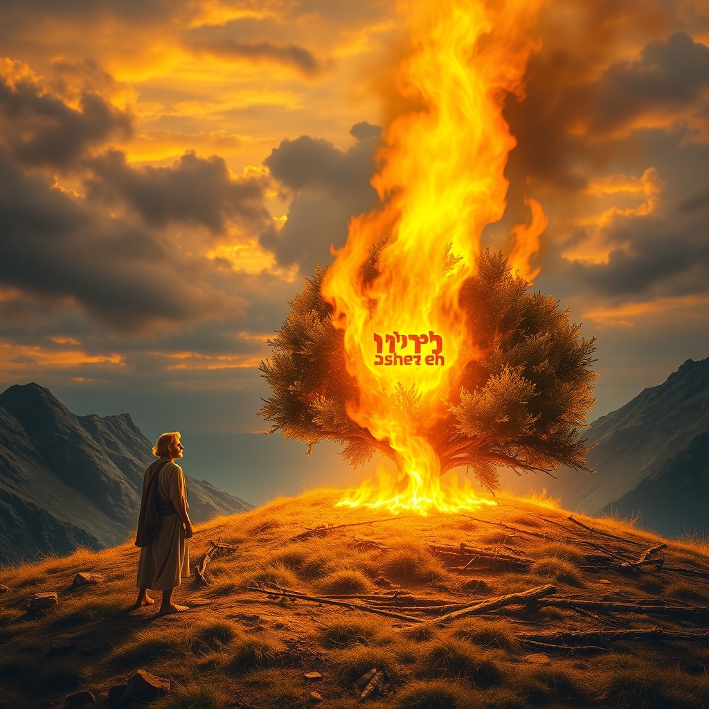 A biblical scene depicting the moment YHWH reveals Himself to Moses through the burning bush on Mount Horeb