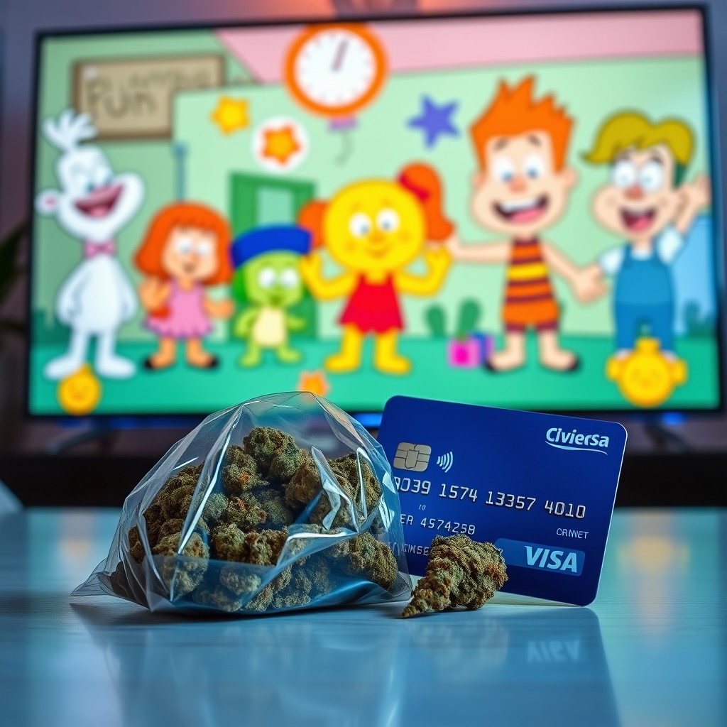 A vibrant and colorful scene depicting a pouch full of marijuana placed next to a blue credit card, set in front of a large plasma screen displaying animated cartoons