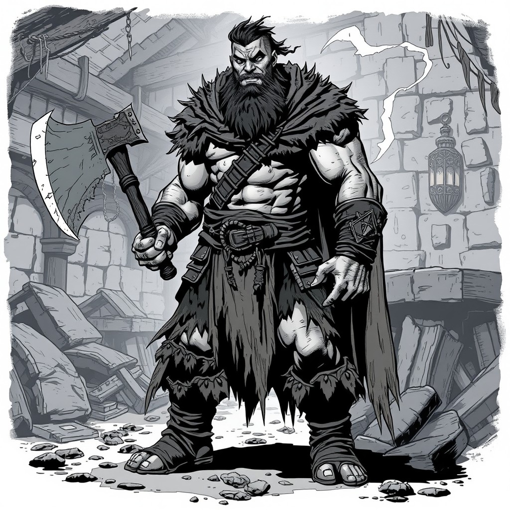 A semi-orc barbarian character, muscular and formidable, in a tattered cloak, wielding a large axe