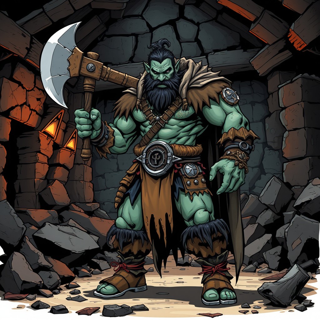 A semi-orc barbarian character, muscular and intimidating, dressed in a tattered cloak and brandishing a large axe