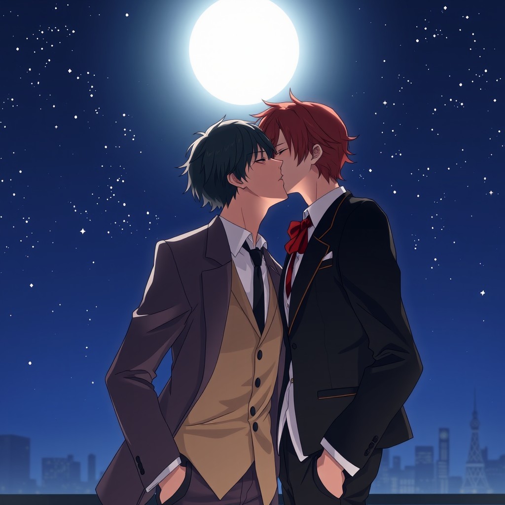 A romantic scene featuring two handsome young men, Chuuya Nakahara and Osamu Dazai from the anime Bungo Stray Dogs, sharing a tender kiss under a starlit night sky