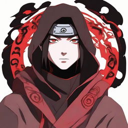 A plain portrait of Itachi Uchiha from Naruto with no background. He is cloaked in his Akatsuki robe, his Sharingan eyes glowing impressively.