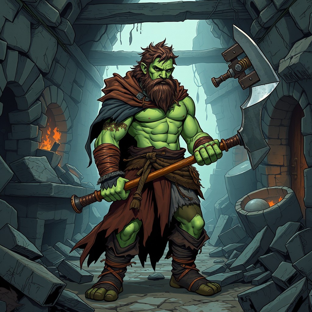 A young semi-orc barbarian character, around 20 years old, with pale green skin, muscular build, dressed in a tattered cloak, and wielding a hefty axe