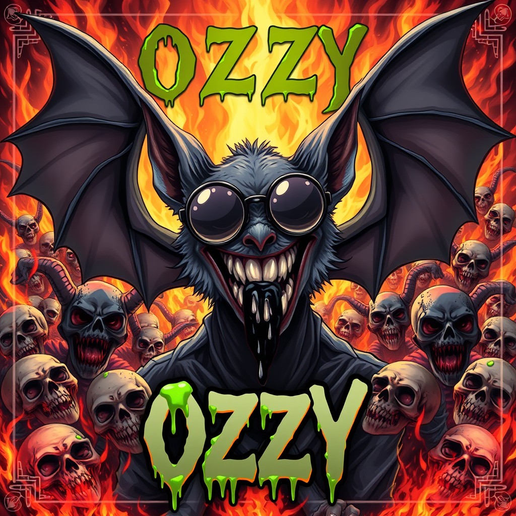 An anime-style cover for an extreme metal band featuring a character named OZZY, depicted as a bat with round black glasses resting on his neck