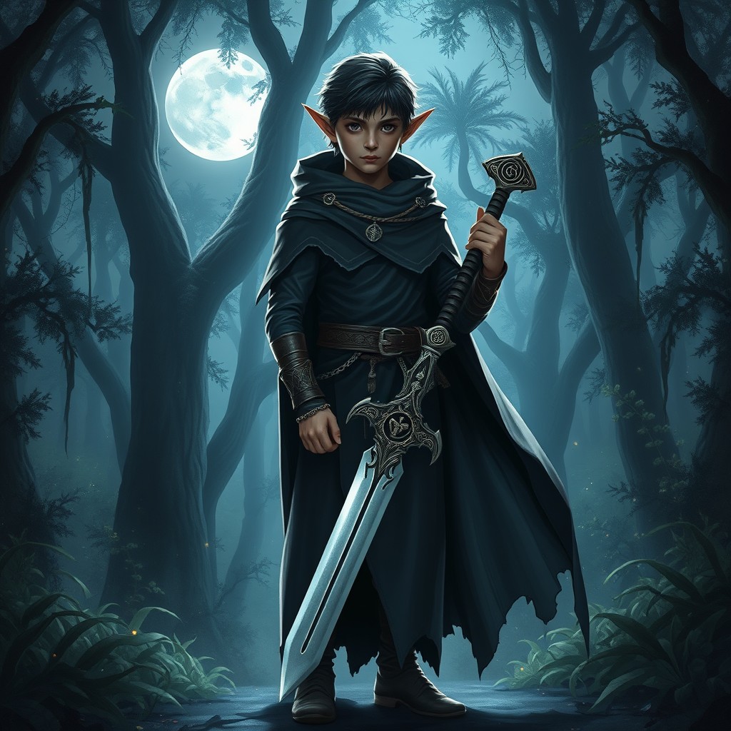 A dark elf boy standing confidently in a mystical night forest, wearing a long dark gray cloak that flows dramatically